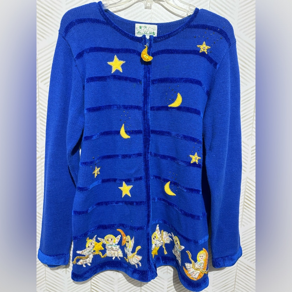 Quacker Factory Cotton Blend Blue Christmas Angel Moon Beaded Cardigan Sweater M